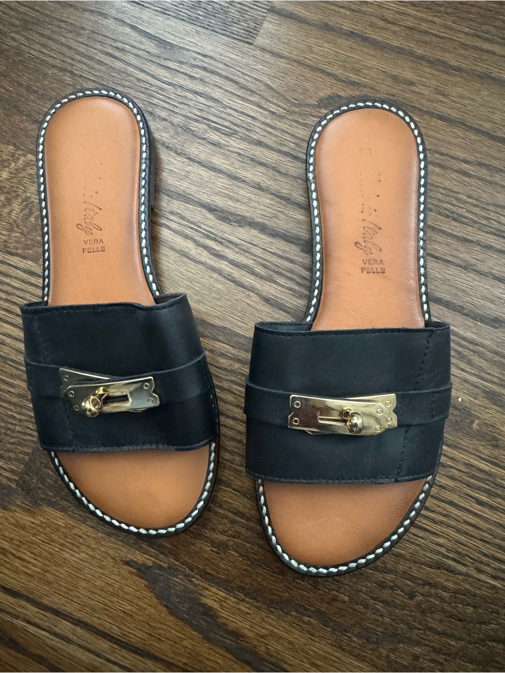 Straight from positano Vera Pelle Black Leather Slide Sandals with Gold Hardware